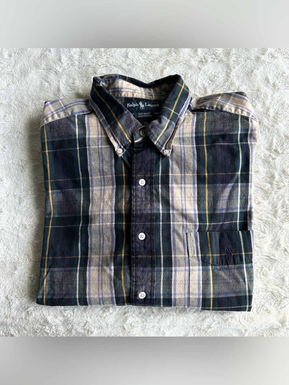 Vintage Ralph Lauren Big Shirt Mens Large Navy Plaid Madras Button Down Vtg 90s
